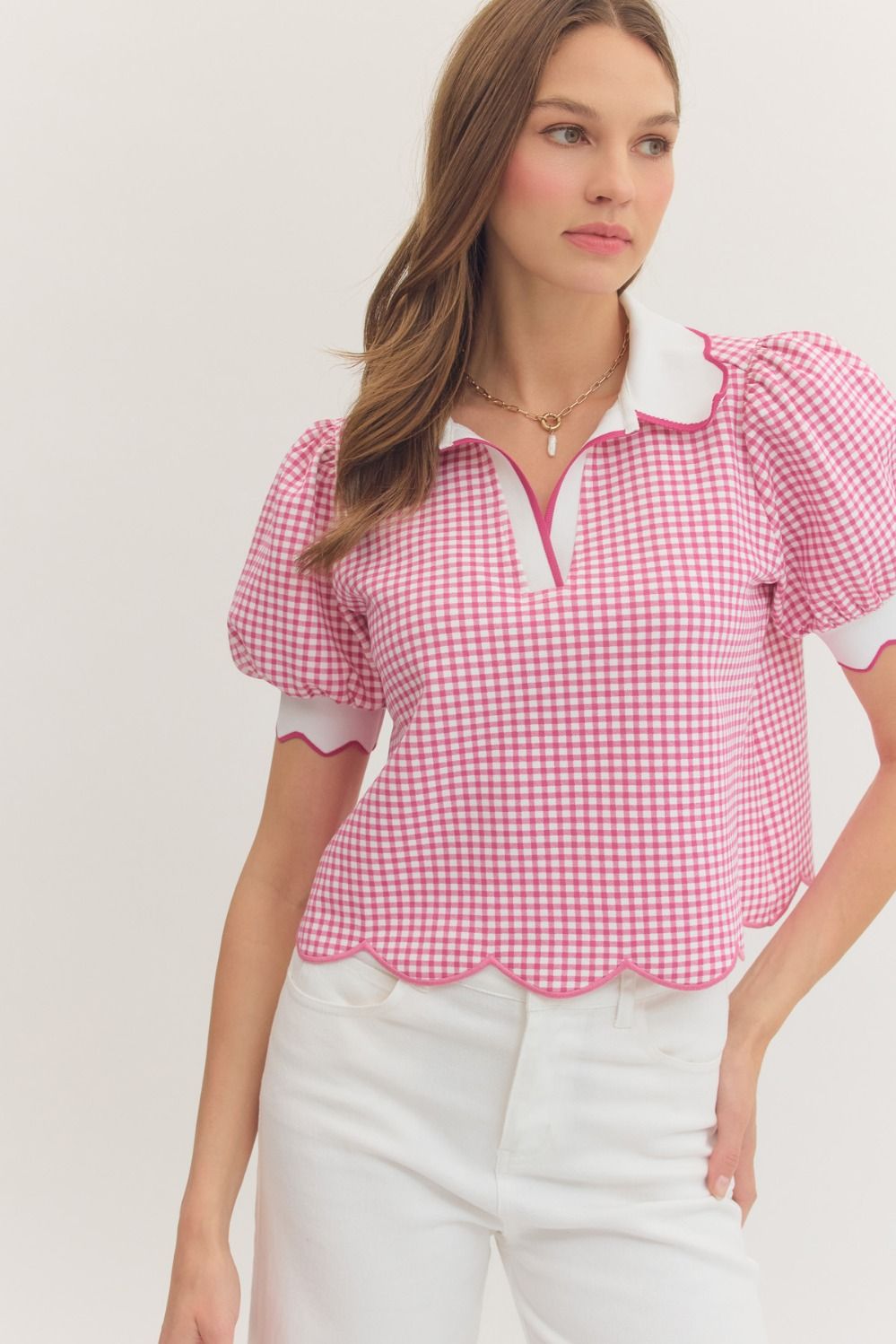 ENTRO Gingham Short Puff Sleeve Top With Scalloped Trim In Hot Pink