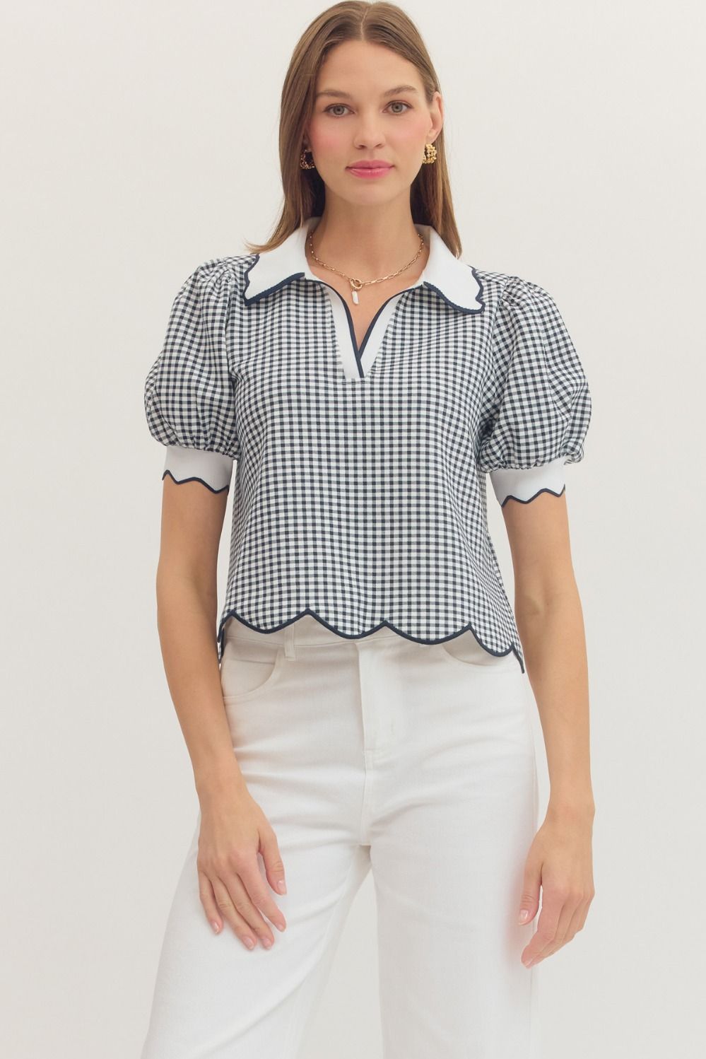 ENTRO Gingham Short Puff Sleeve Top With Scalloped Trim In Navy