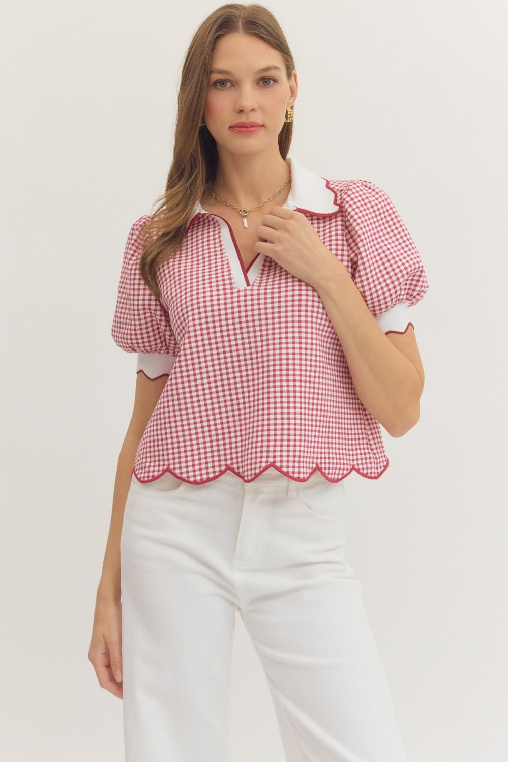 ENTRO Gingham Short Puff Sleeve Top With Scalloped Trim In Red