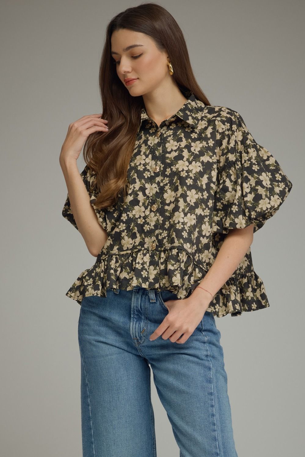 ENTRO Floral Print Puff Sleeve With Ruffle Hem In Black PLUS Sizes *COMING SOON*