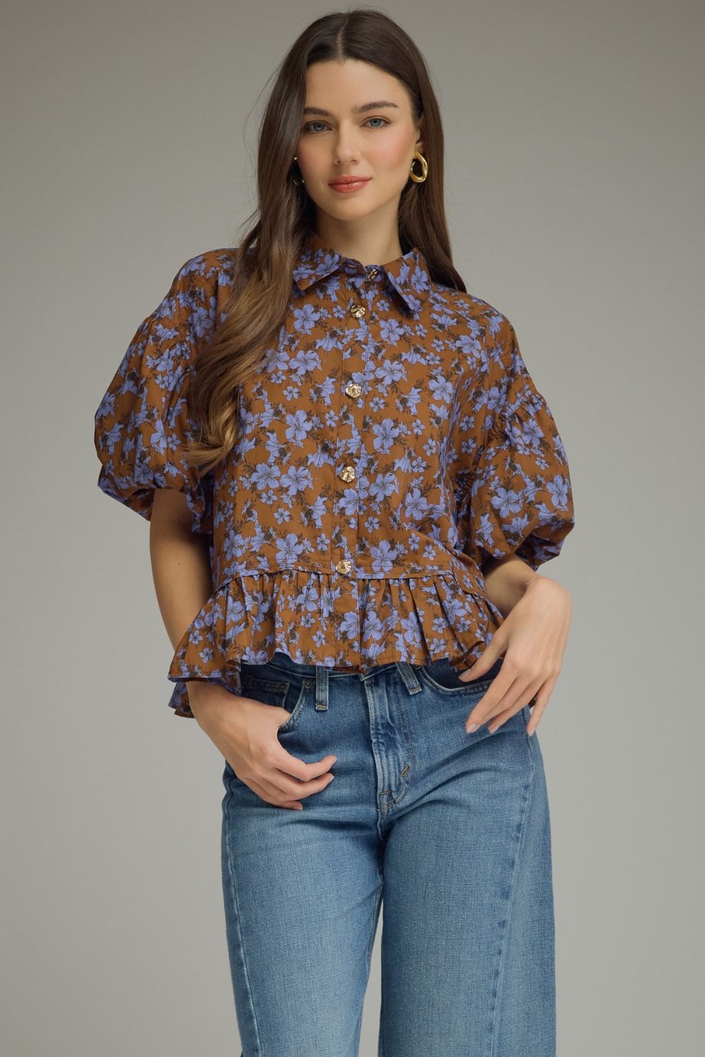 ENTRO Floral Print Puff Sleeve With Ruffle Hem In Brown PLUS Sizes *COMING SOON*