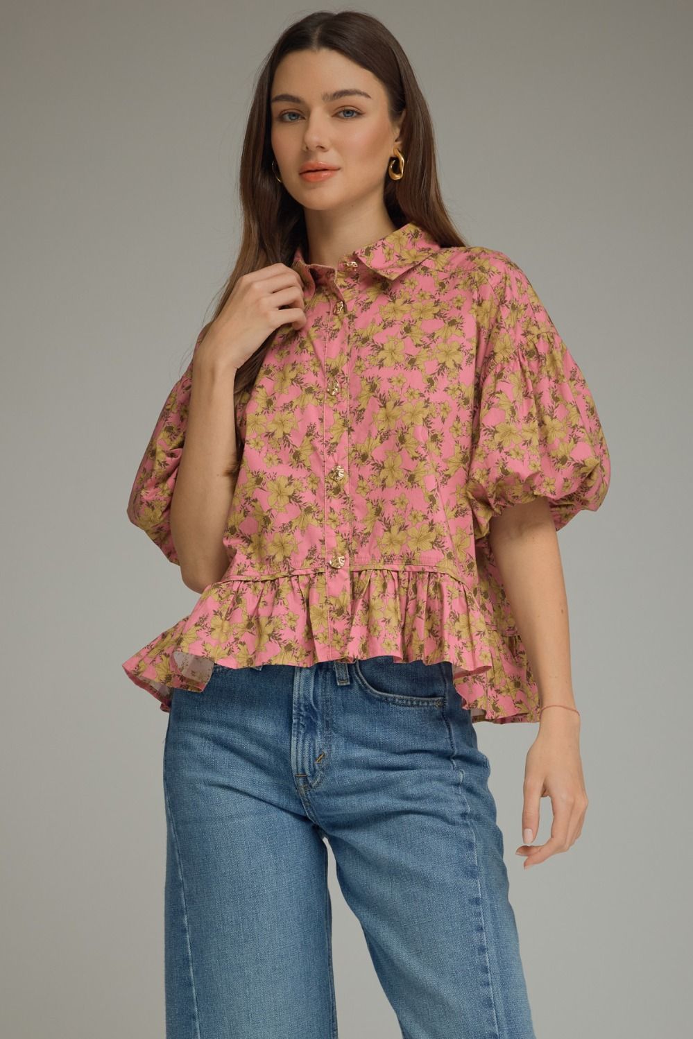 ENTRO Floral Print Puff Sleeve With Ruffle Hem In Dusty Pink PLUS Sizes *COMING SOON*