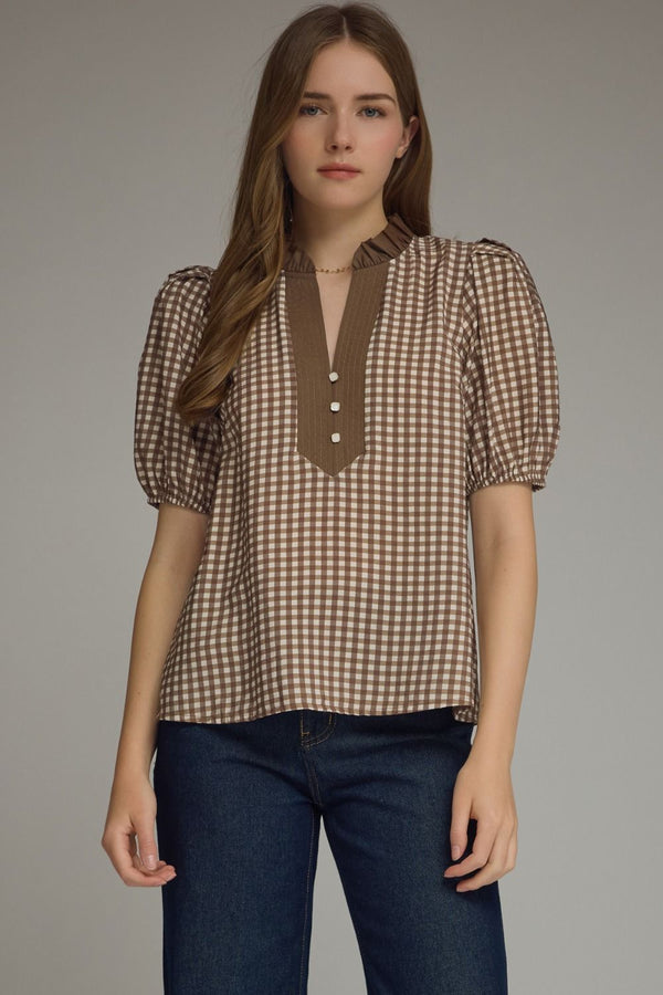 ENTRO Gingham Short Puff Sleeve Top In Brown