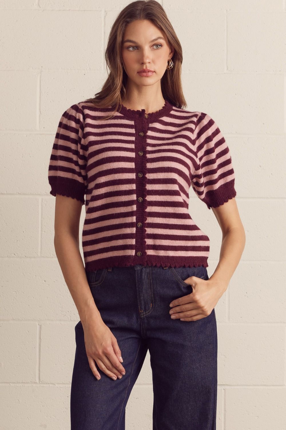ENTRO Striped Short Puff Sleeve Cardigan In Burgundy *COMING SOON*