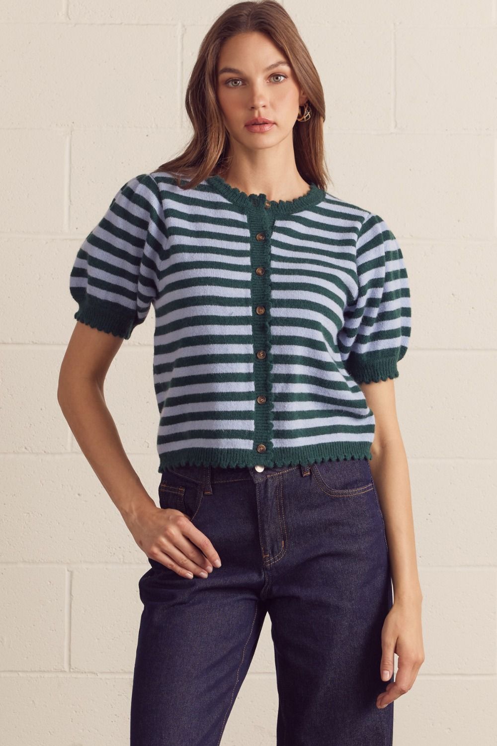 ENTRO Striped Short Puff Sleeve Cardigan In Hunter Green *COMING SOON*