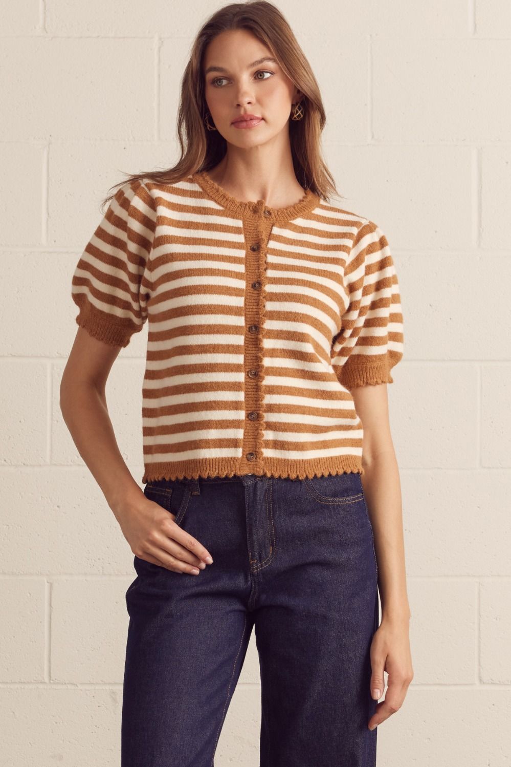 ENTRO Striped Short Puff Sleeve Cardigan In Camel *COMING SOON*