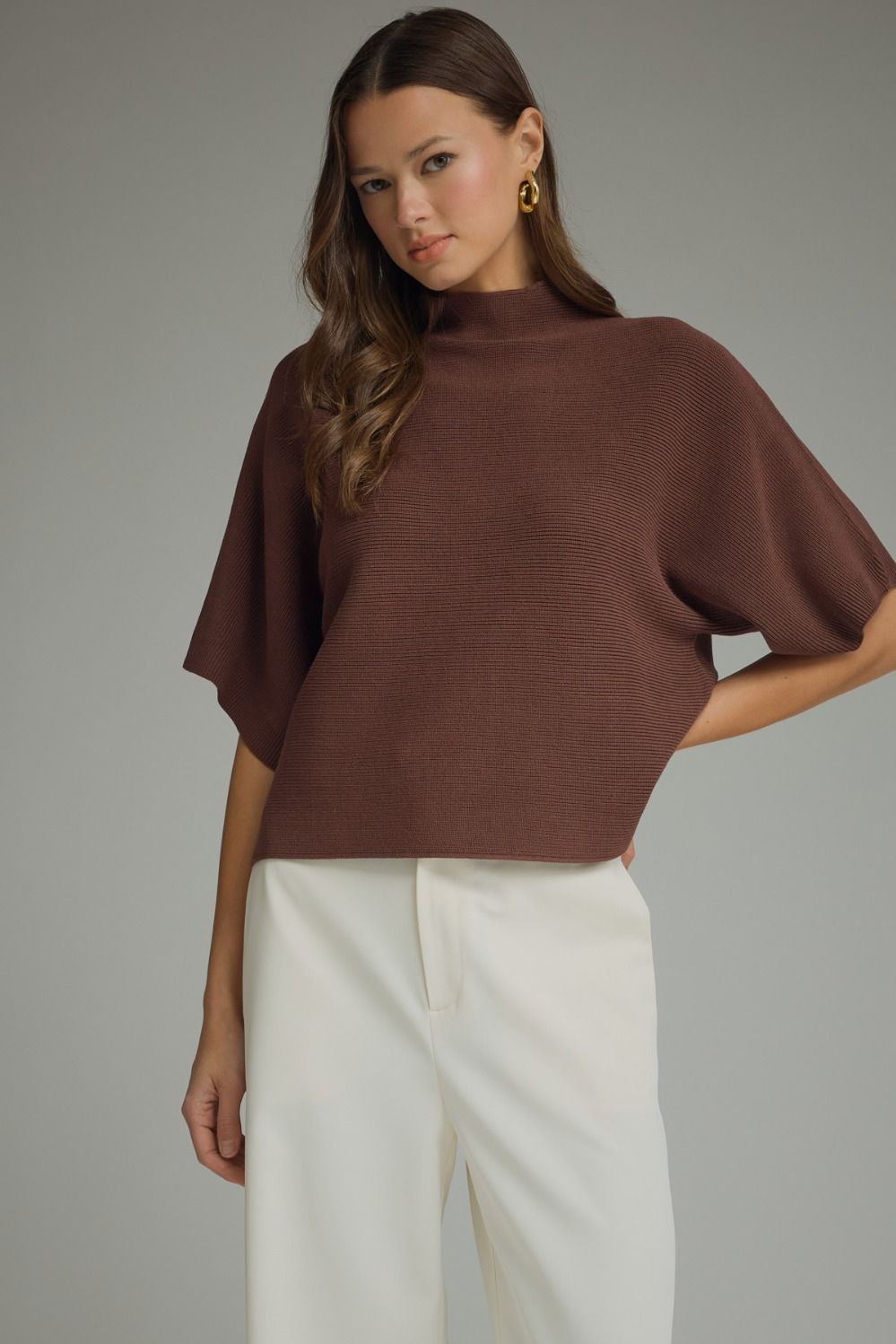 ENTRO Mock Neck Short Sleeve Sweater Top In Brown *COMING SOON*