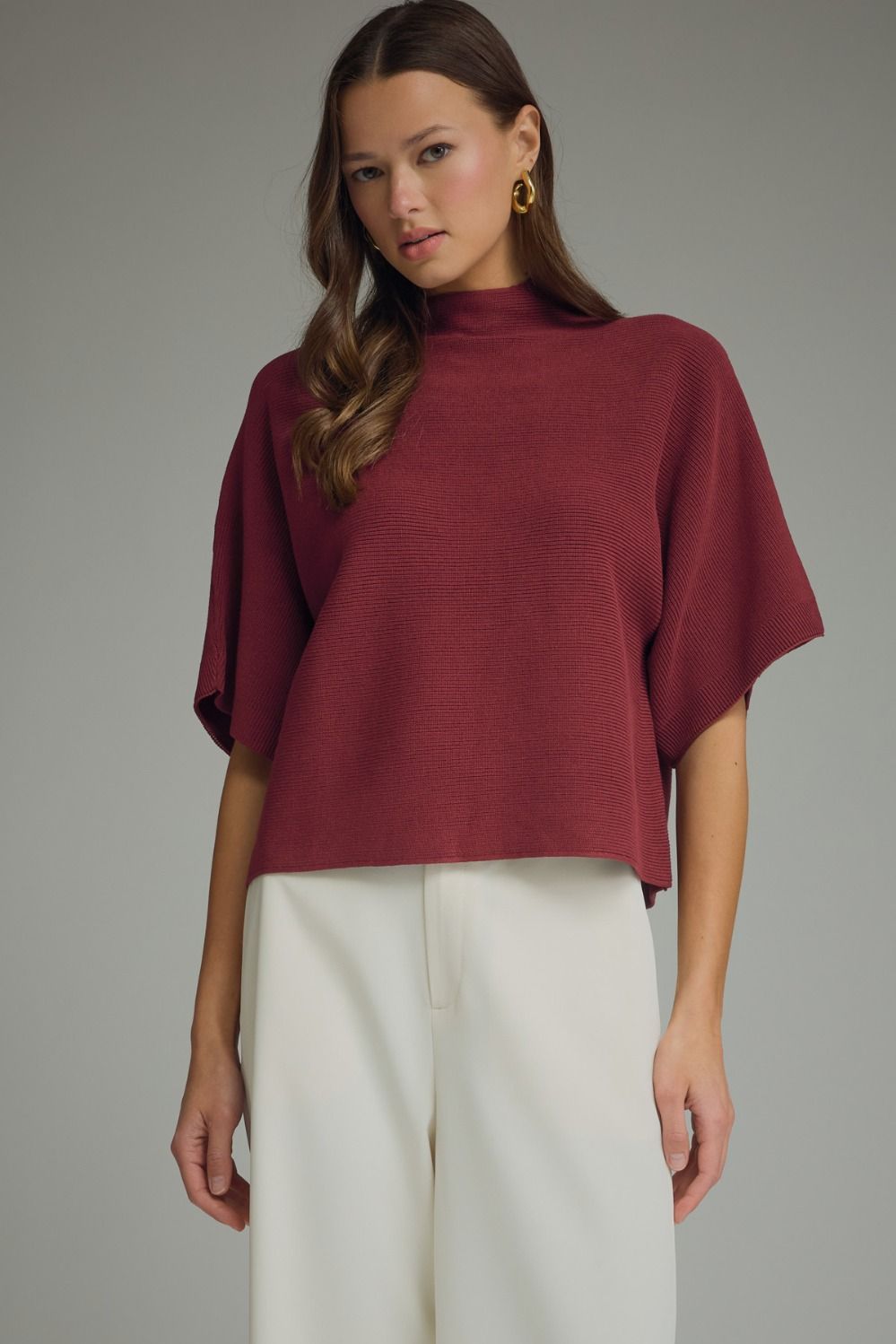 ENTRO Mock Neck Short Sleeve Sweater Top In Crimson *COMING SOON*