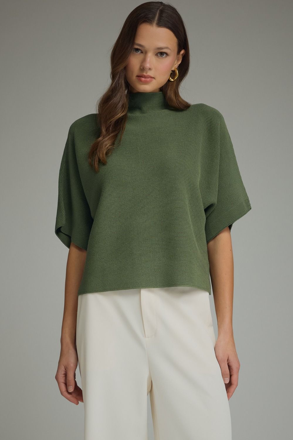 ENTRO Mock Neck Short Sleeve Sweater Top In Olive