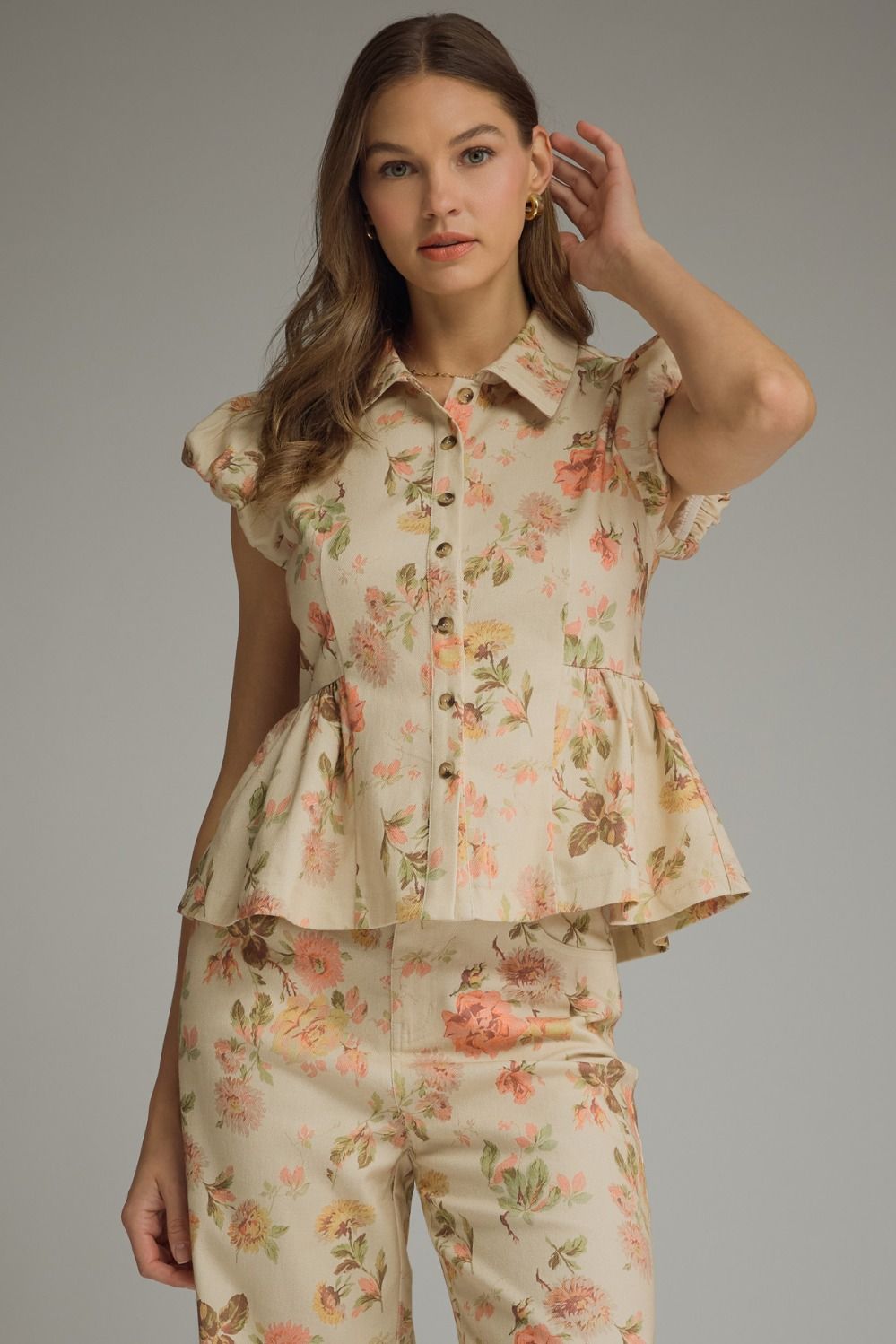 ENTRO Floral Peplum Top In Ecru *COMING SOON*