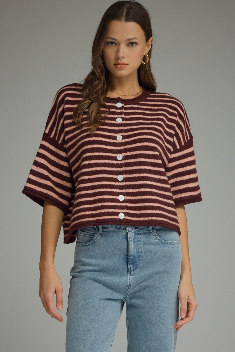 ENTRO Striped Round Neck Button Up Top In Burgundy *COMING SOON*