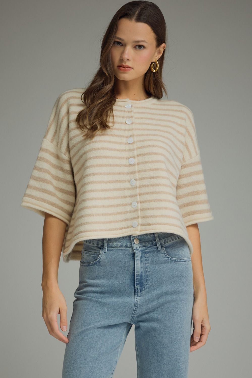 ENTRO Striped Round Neck Button Up Top In Ecru *COMING SOON*