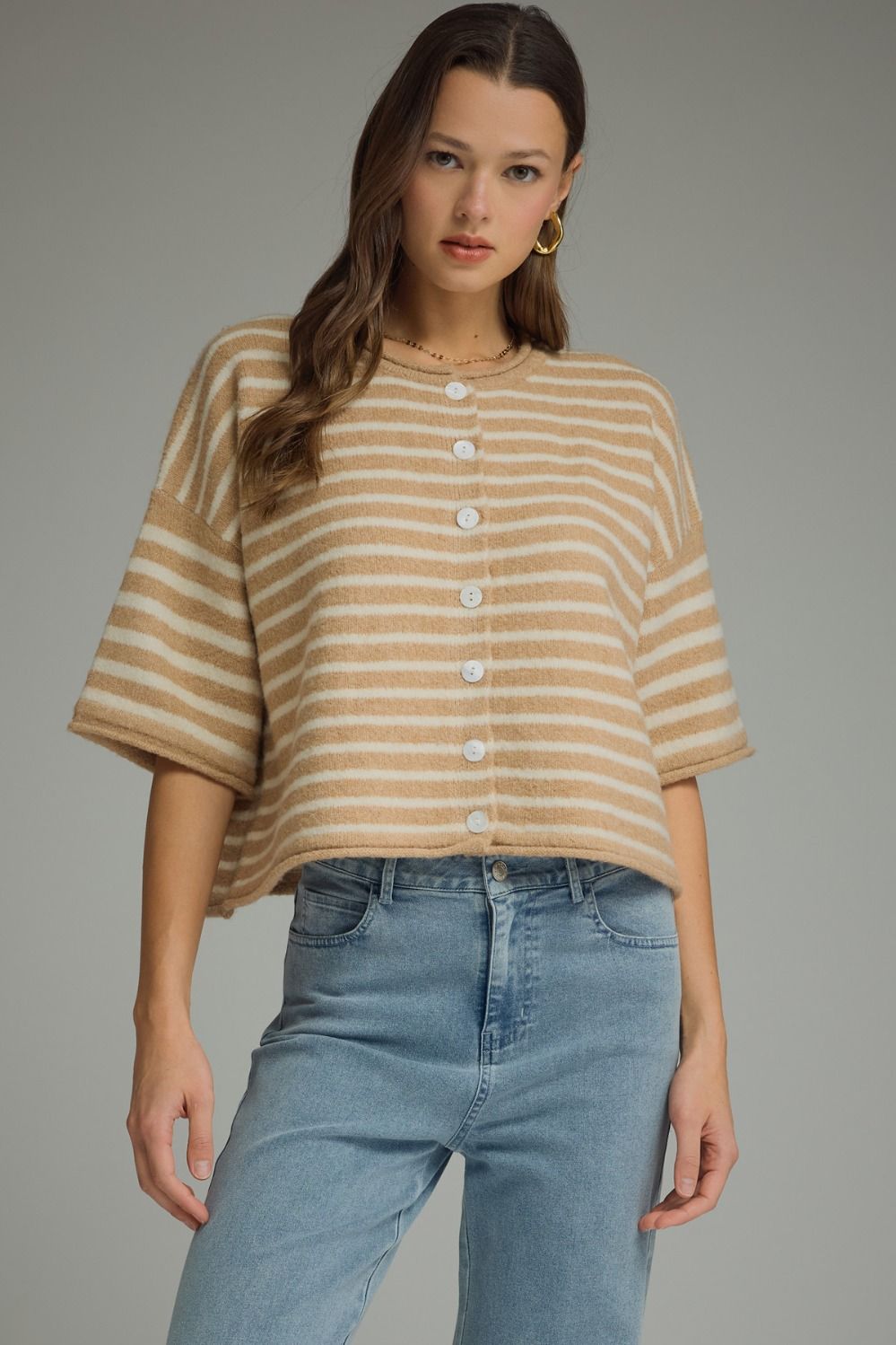 ENTRO Striped Round Neck Button Up Top In Sand *COMING SOON*