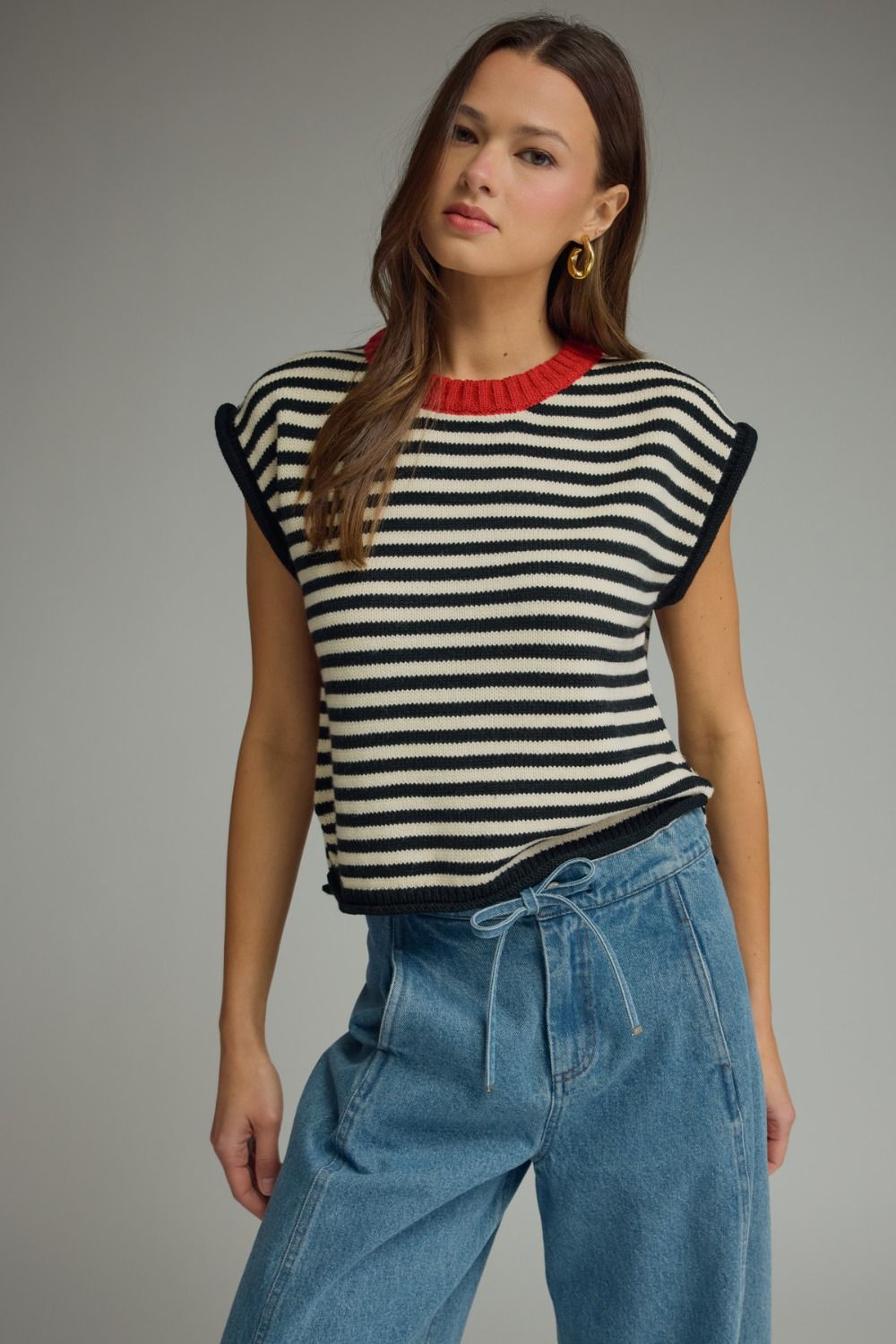 ENTRO Striped Round Neck Top In Cream Black *COMING SOON*