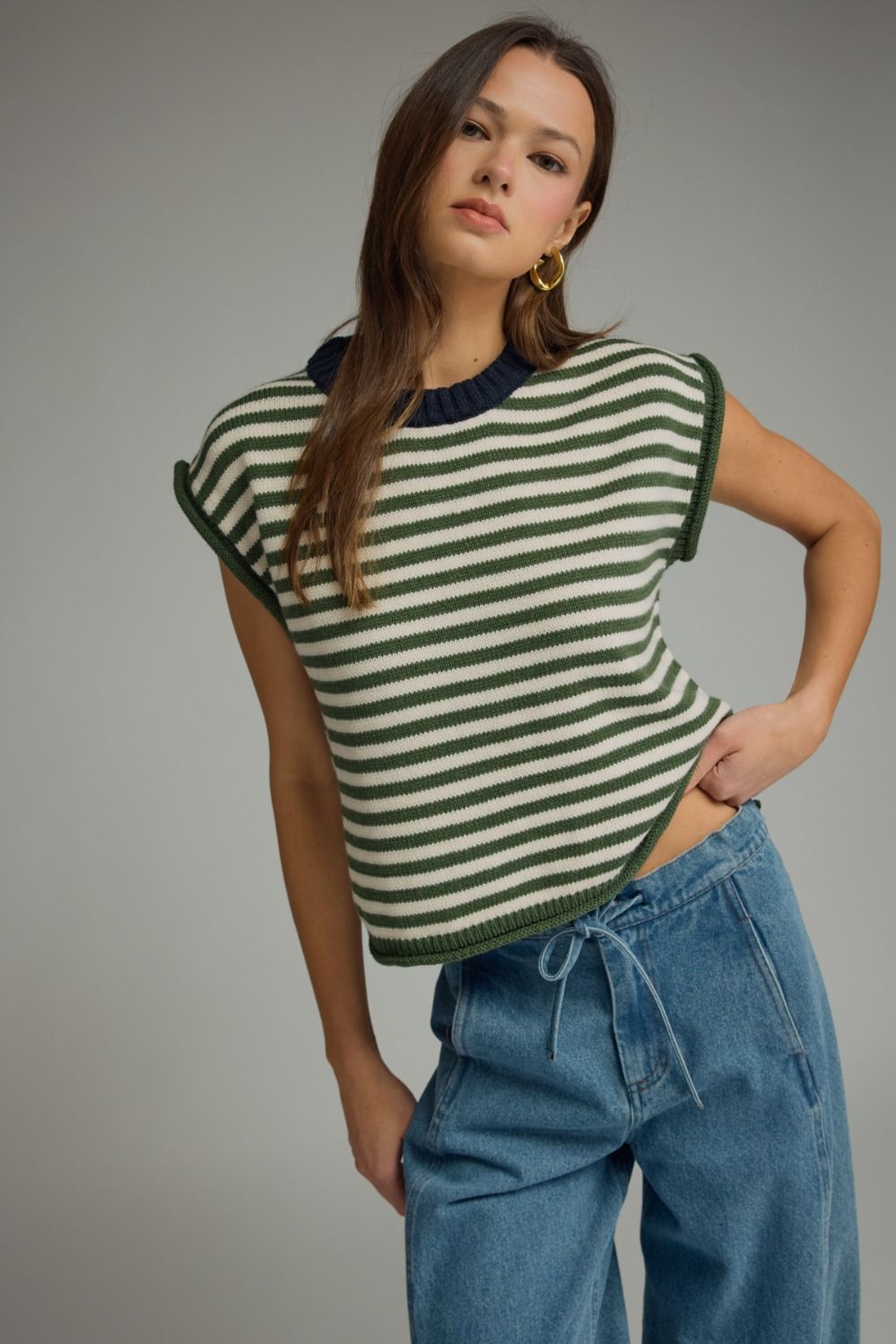 ENTRO Striped Round Neck Top In Olive *COMING SOON*