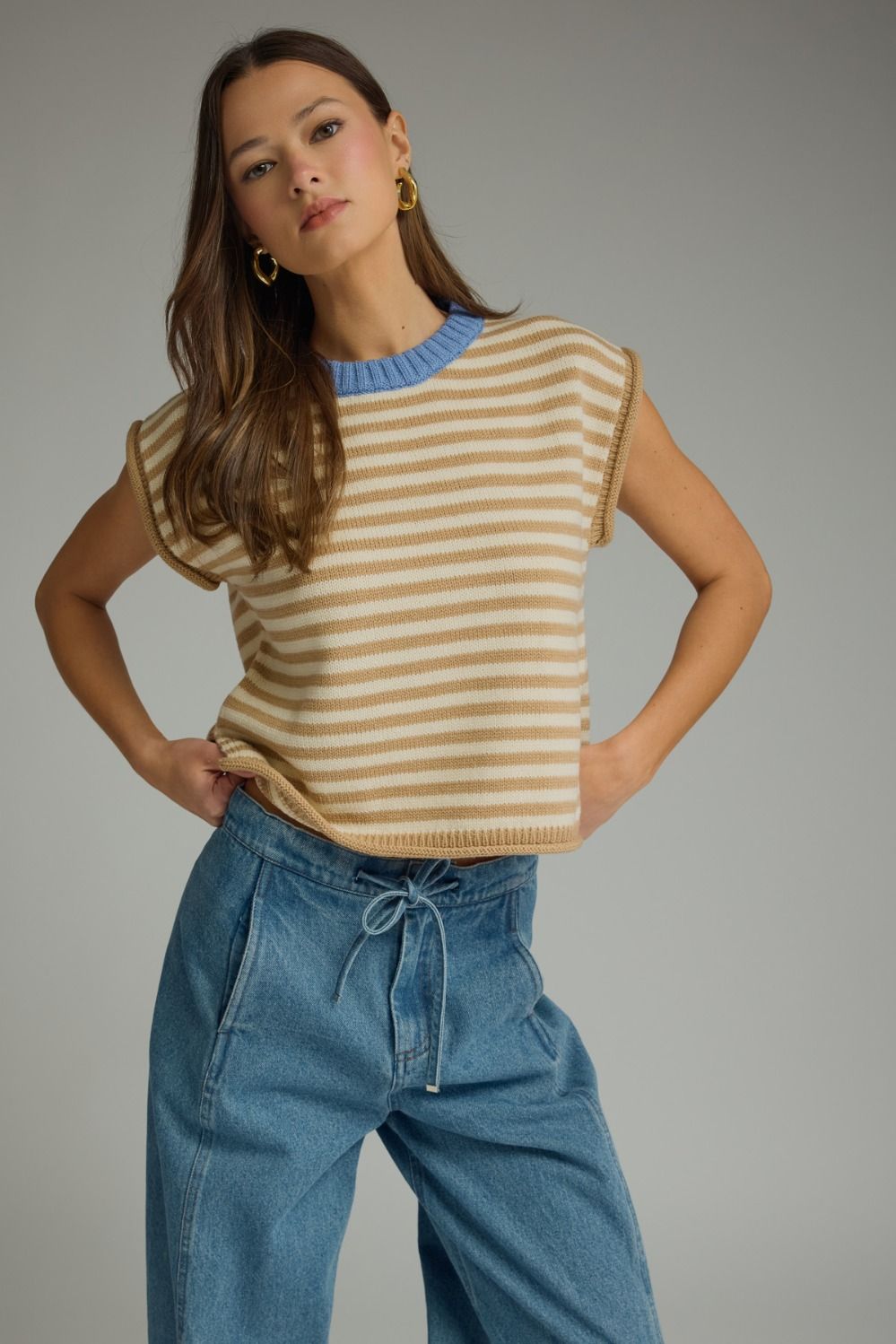 ENTRO Striped Round Neck Top In Taupe *COMING SOON*