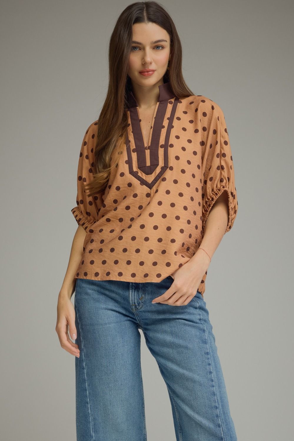 Entro Polka Dot Dolman Top In Camel *COMING SOON*