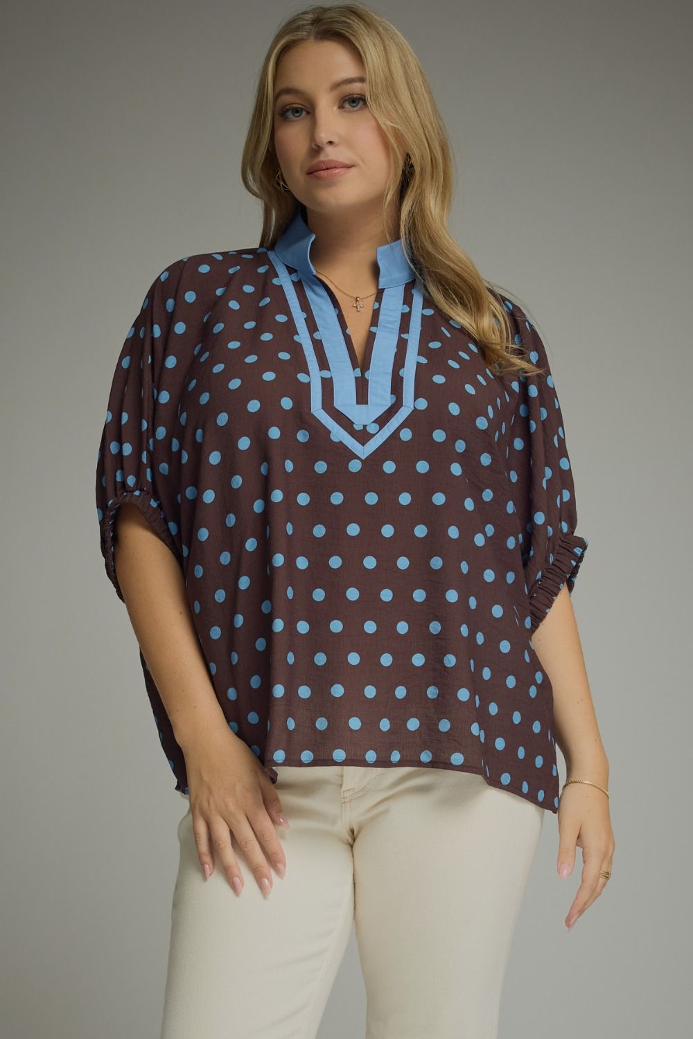 ENTRO Polka Dot Dolman Top In Brown PLUS Sizes *COMING SOON*