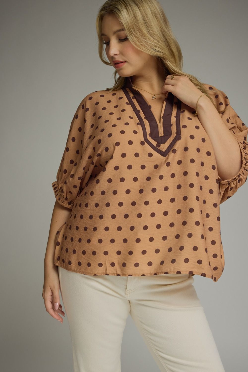 ENTRO Polka Dot Dolman Top In Camel PLUS Sizes *COMING SOON*