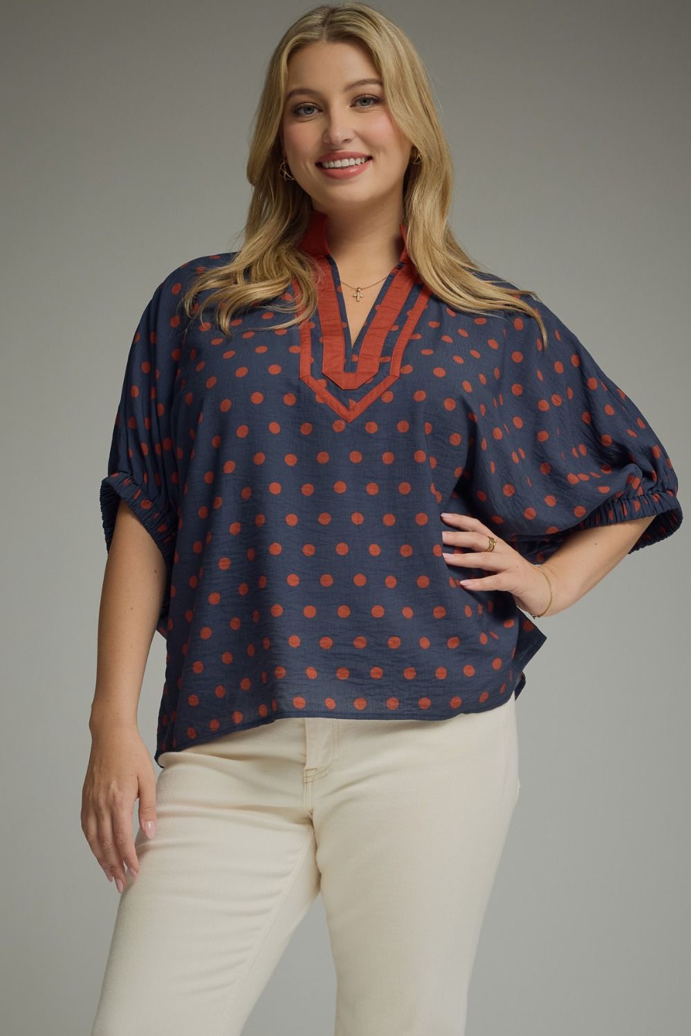 ENTRO Polka Dot Dolman Top In Navy PLUS Sizes *COMING SOON*
