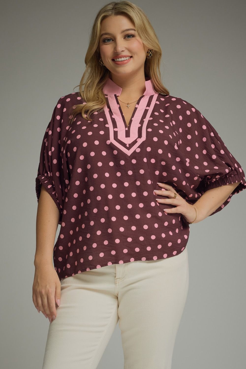 ENTRO Polka Dot Dolman Top In Wine PLUS Sizes *COMING SOON*