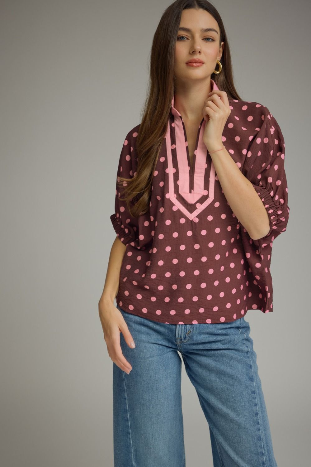 Entro Polka Dot Dolman Top In Wine