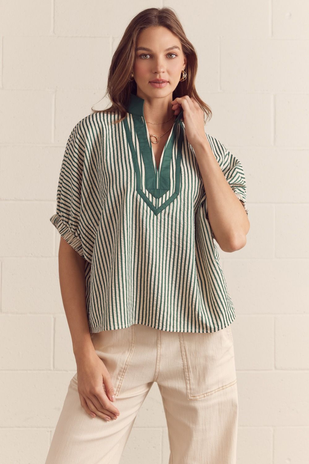 ENTRO Striped Short Sleeve Dolman Top In Hunter Green
