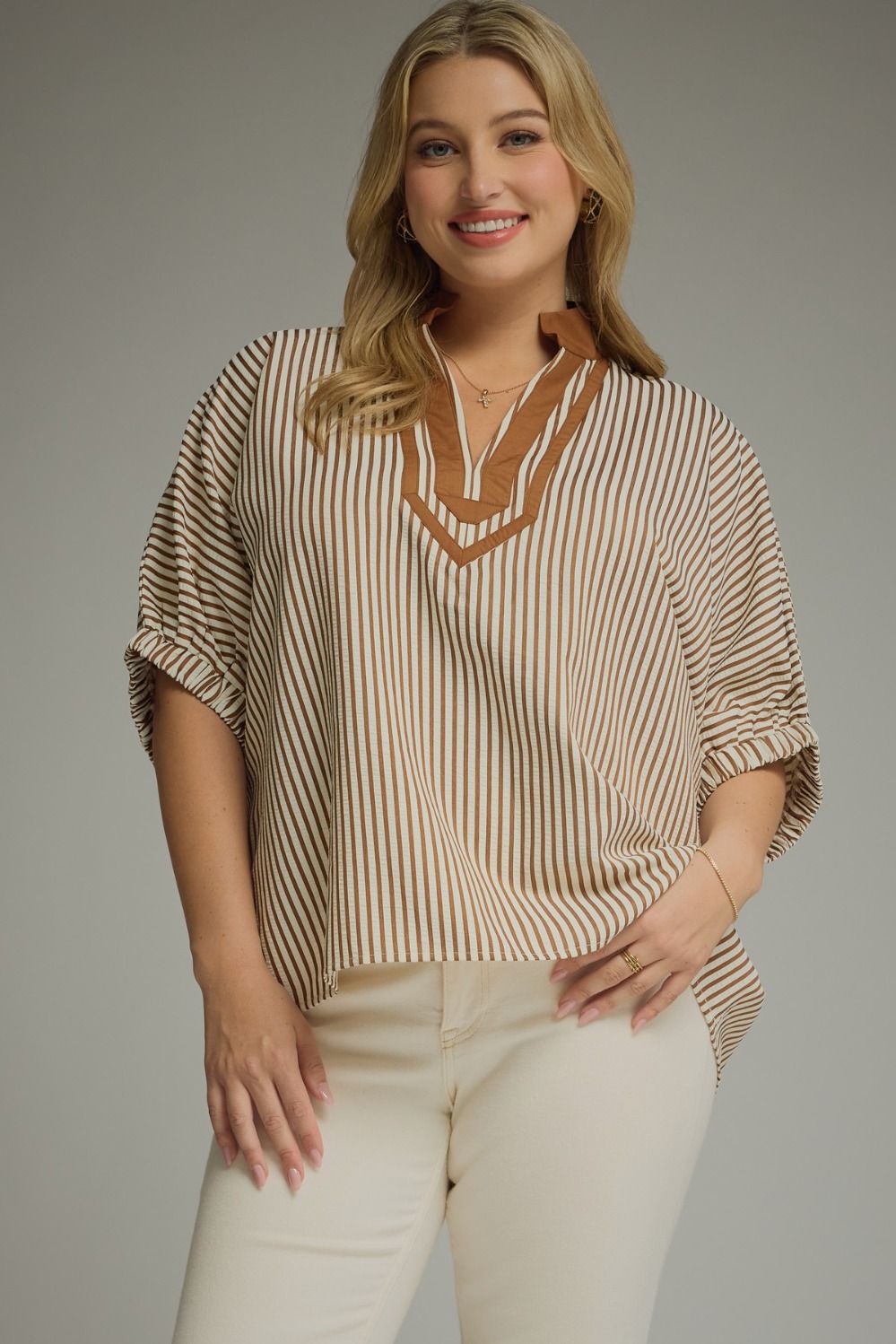 ENTRO Striped Short Sleeve Dolman Top In Brown PLUS Size