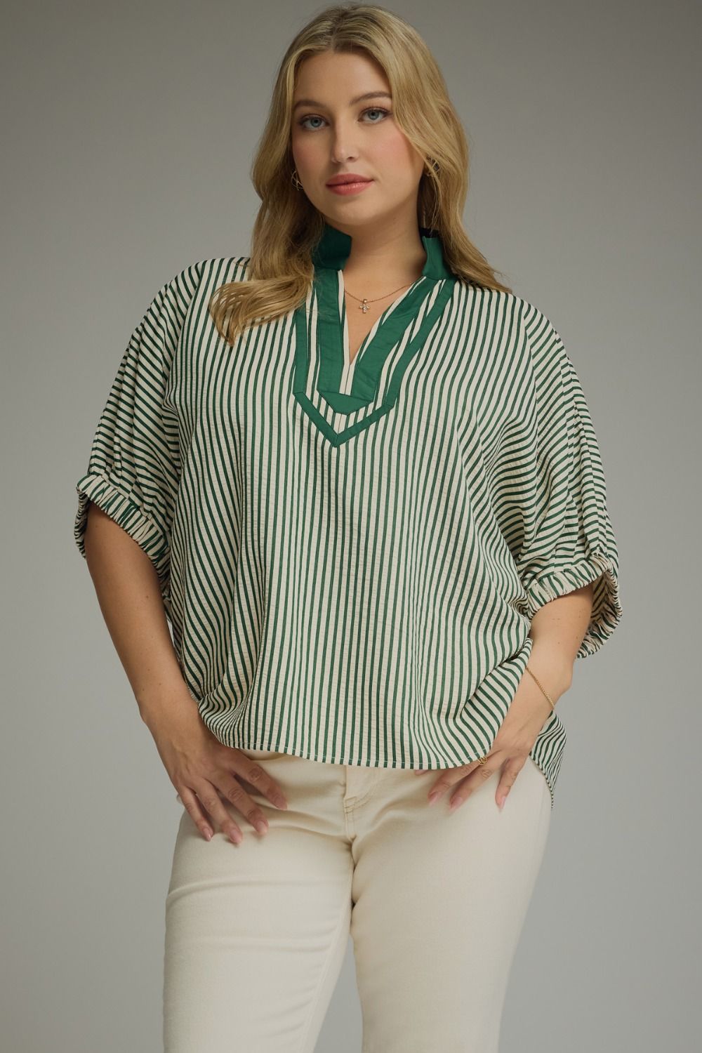ENTRO Striped Short Sleeve Dolman Top In Hunter Green PLUS Size
