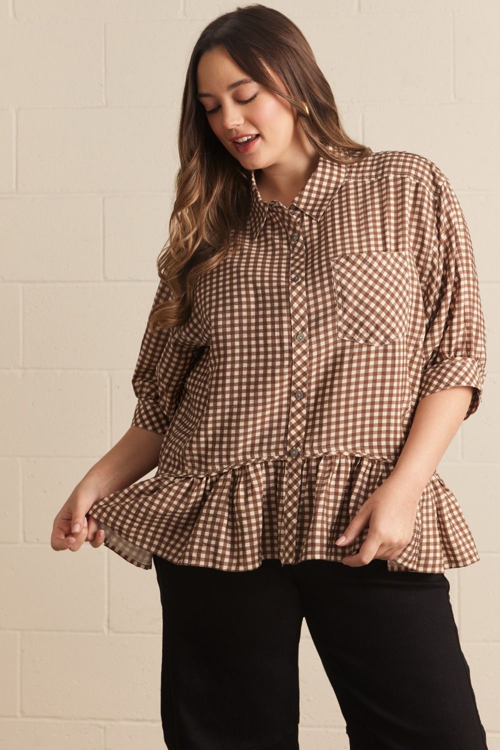 ENTRO Gingham Ruffle Hem Top In Brown PLUS Size