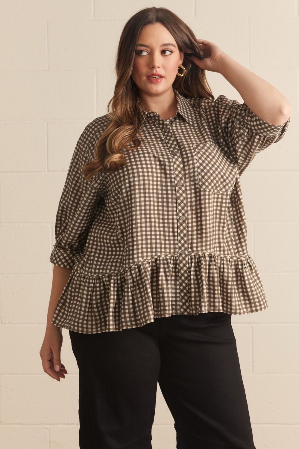 ENTRO Gingham Ruffle Hem Top In Olive PLUS Size