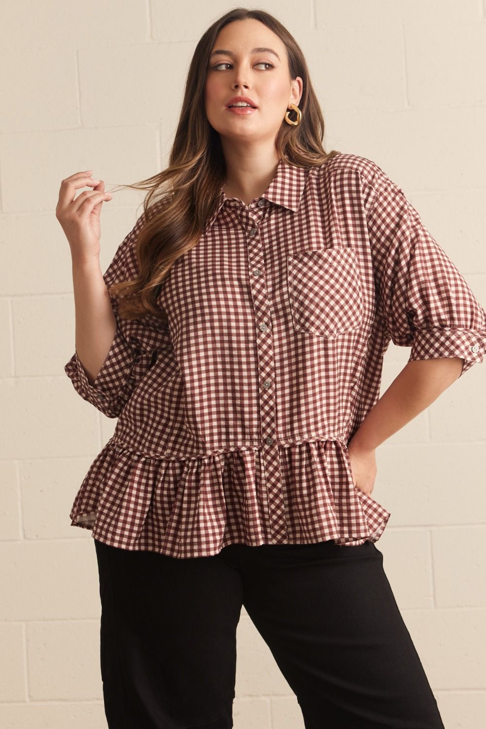 ENTRO Gingham Ruffle Hem Top In Red Bean PLUS Size
