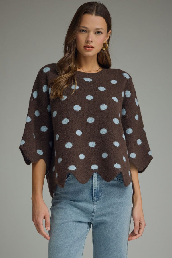 ENTRO Polka Dot Scalloped Trim Top In Brown