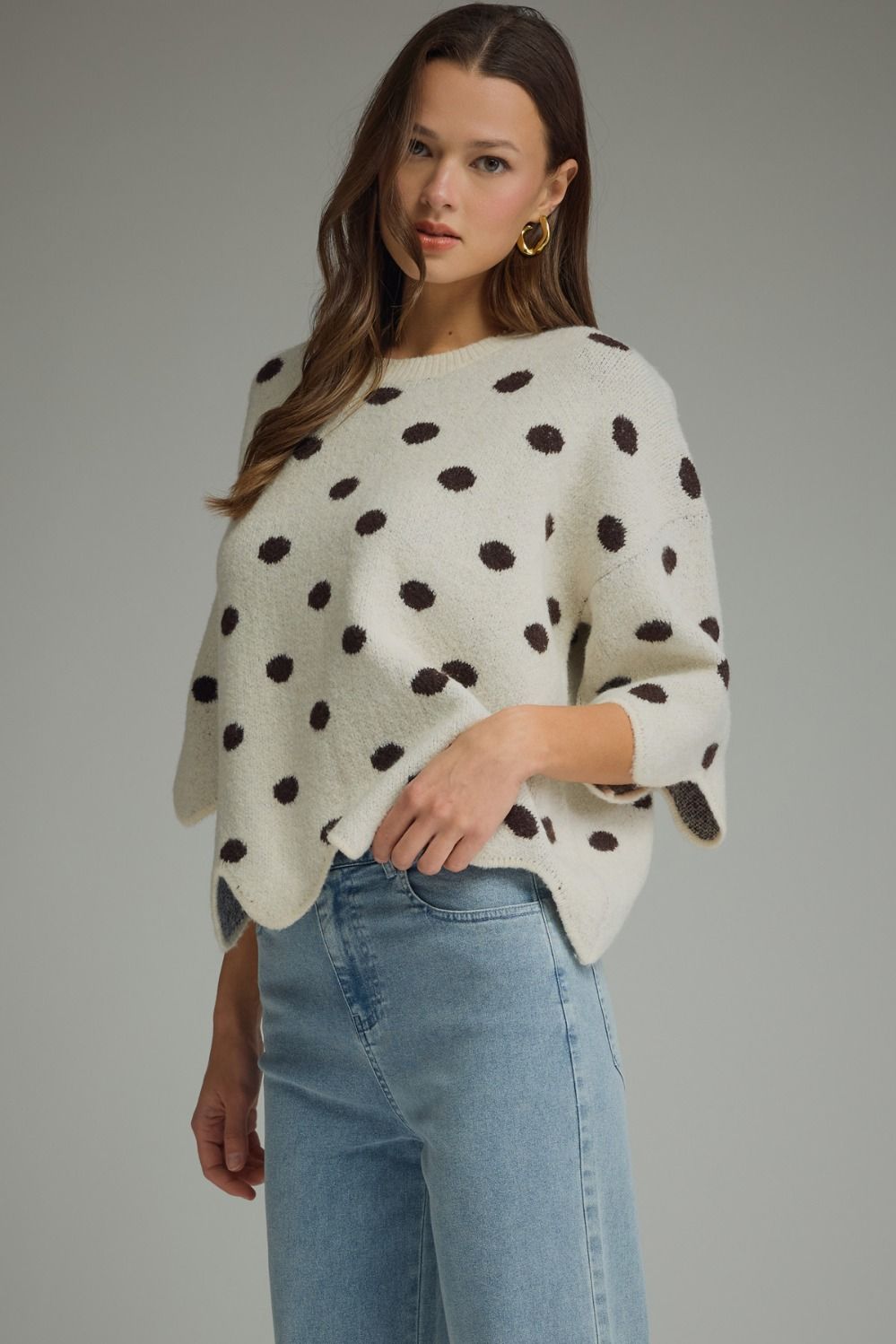 ENTRO Polka Dot Scalloped Trim Top In Ecru *COMING SOON*