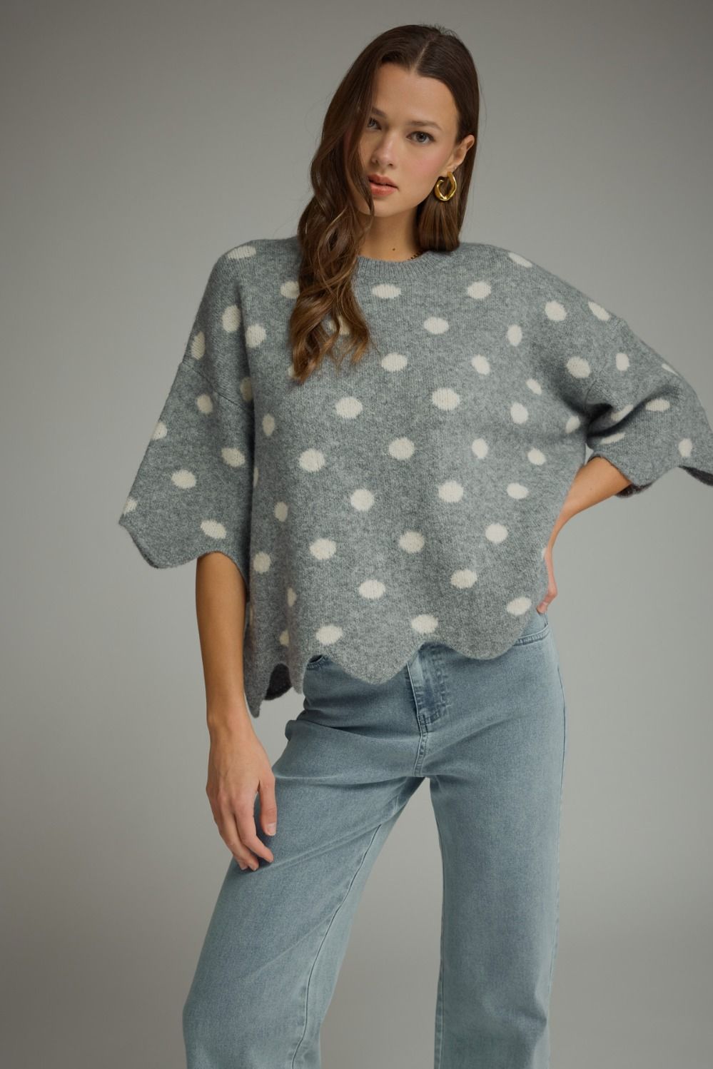 ENTRO Polka Dot Scalloped Trim Top In Grey *COMING SOON*