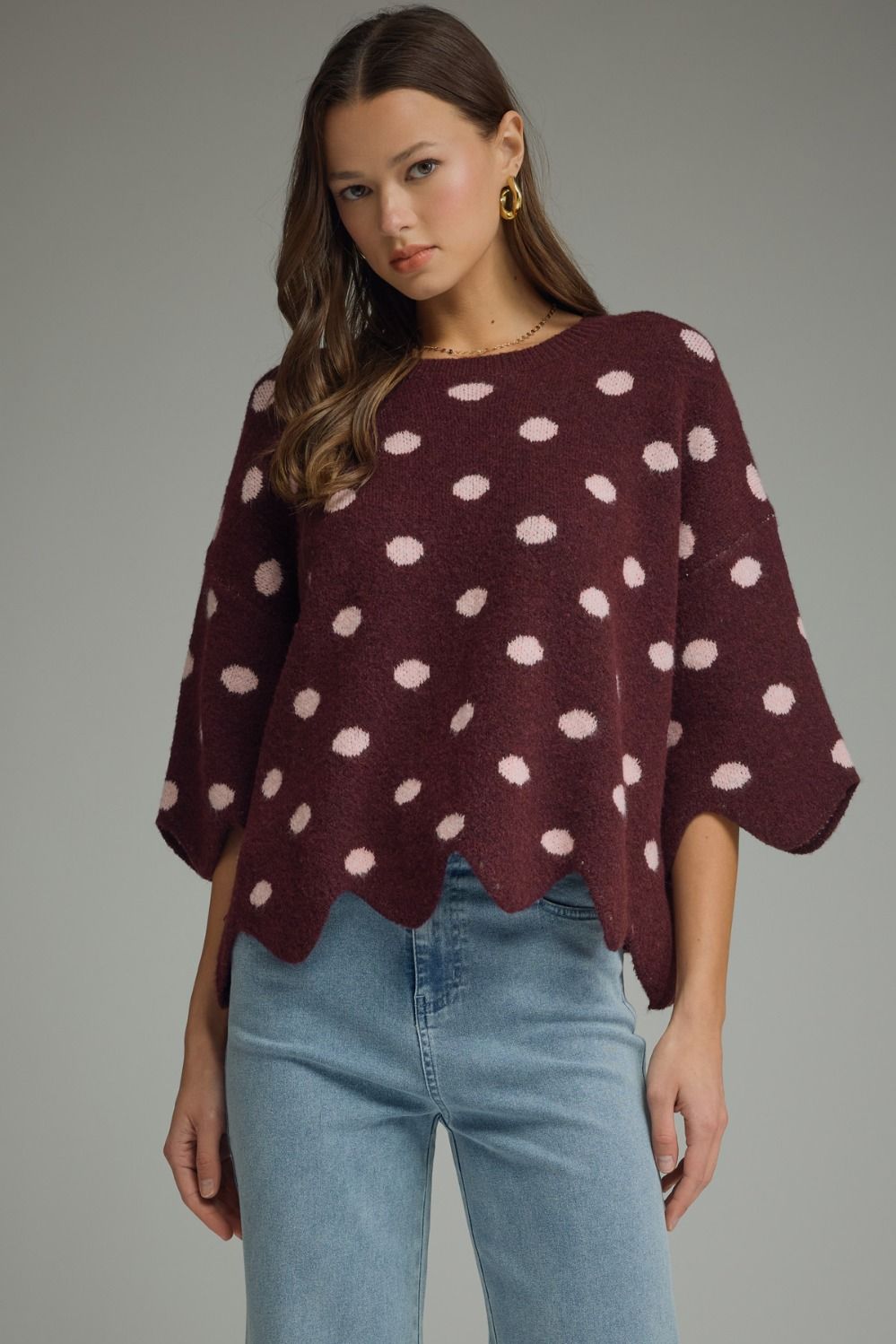 ENTRO Polka Dot Scalloped Trim Top In Plum *COMING SOON*