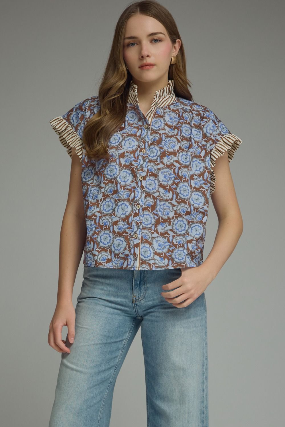 ENTRO Floral Print Cap Sleeve Top In Brown *COMING SOON*