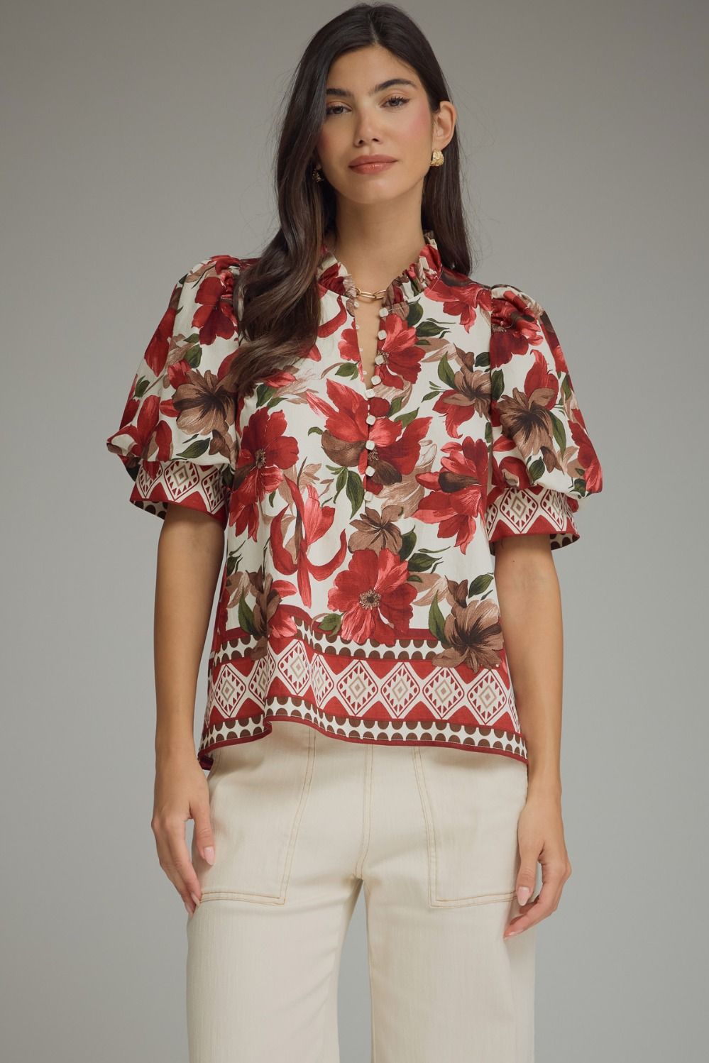 ENTRO Floral Print Short Puff Sleeve Top With Border Print Detail In Burgundy *COMING SOON*