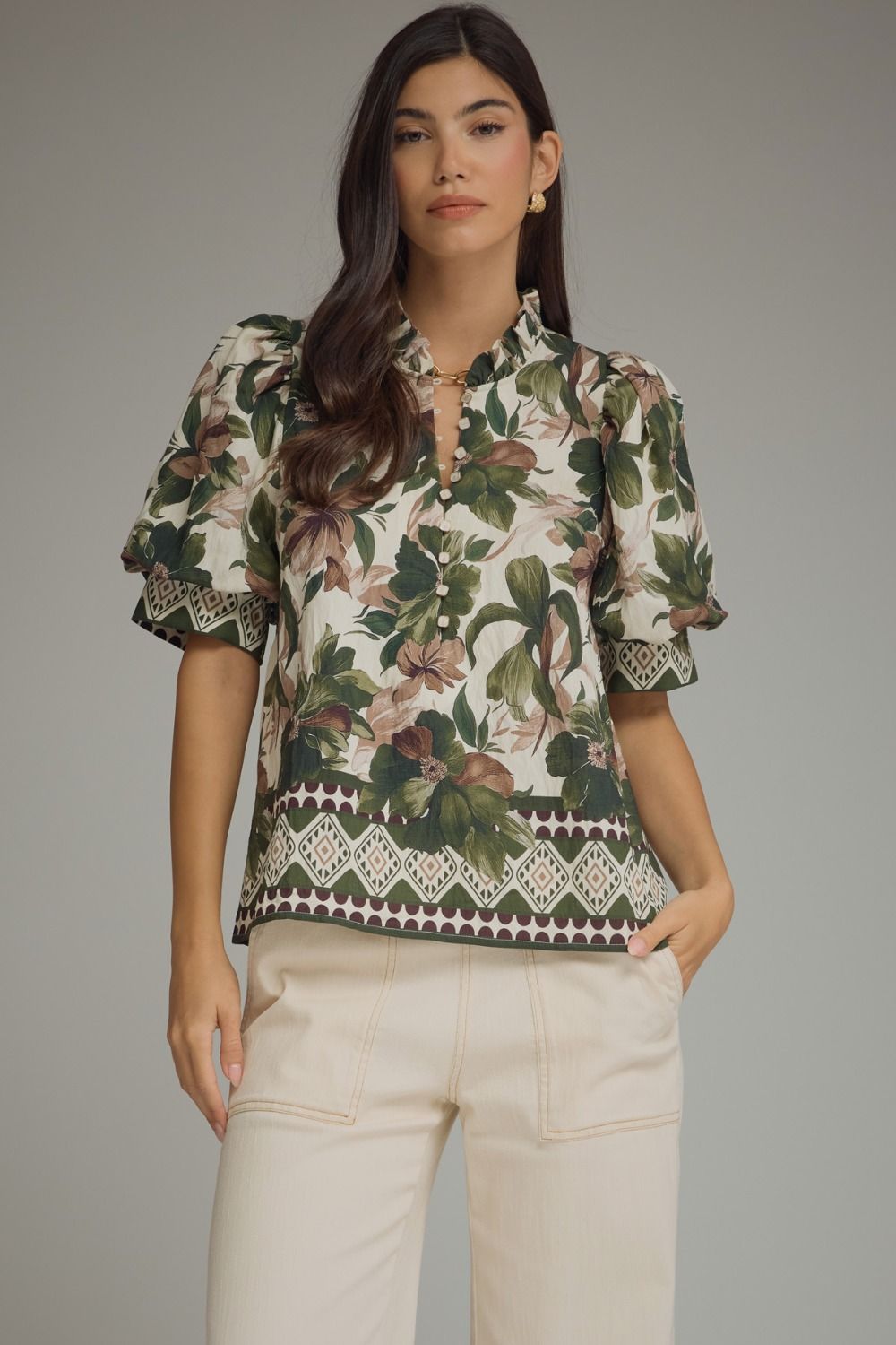 ENTRO Floral Print Short Puff Sleeve Top With Border Print Detail In Olive *COMING SOON*