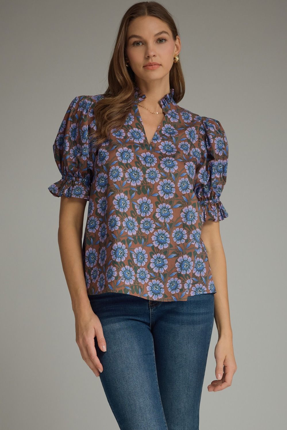 ENTRO Floral Puff Sleeve Top In Brown *COMING SOON*