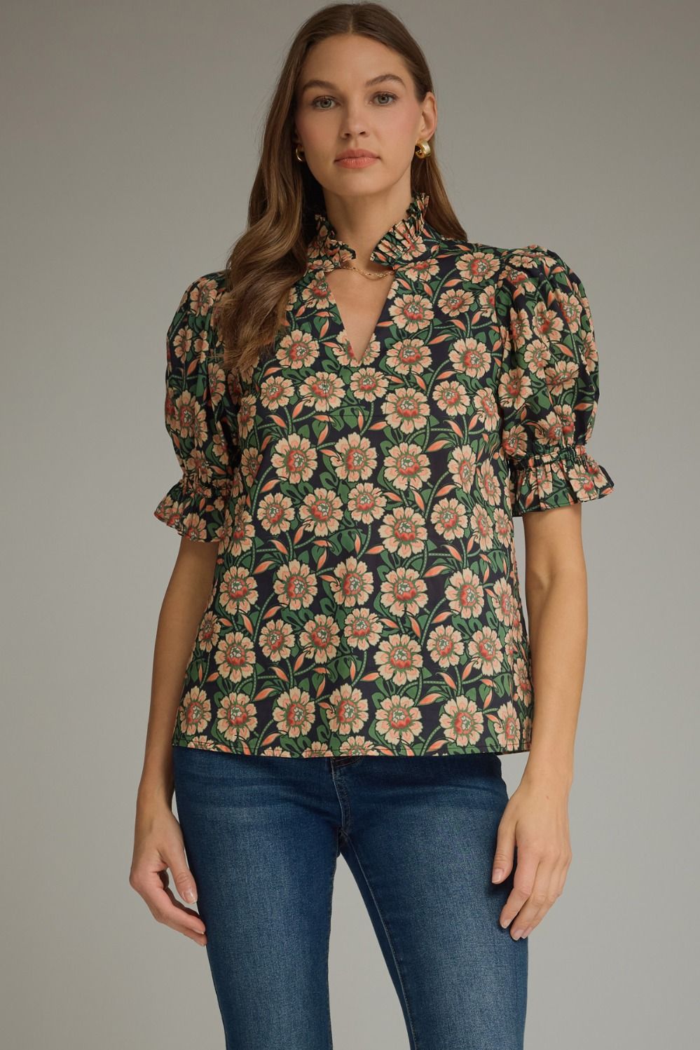 ENTRO Floral Puff Sleeve Top In Green Black *COMING SOON*