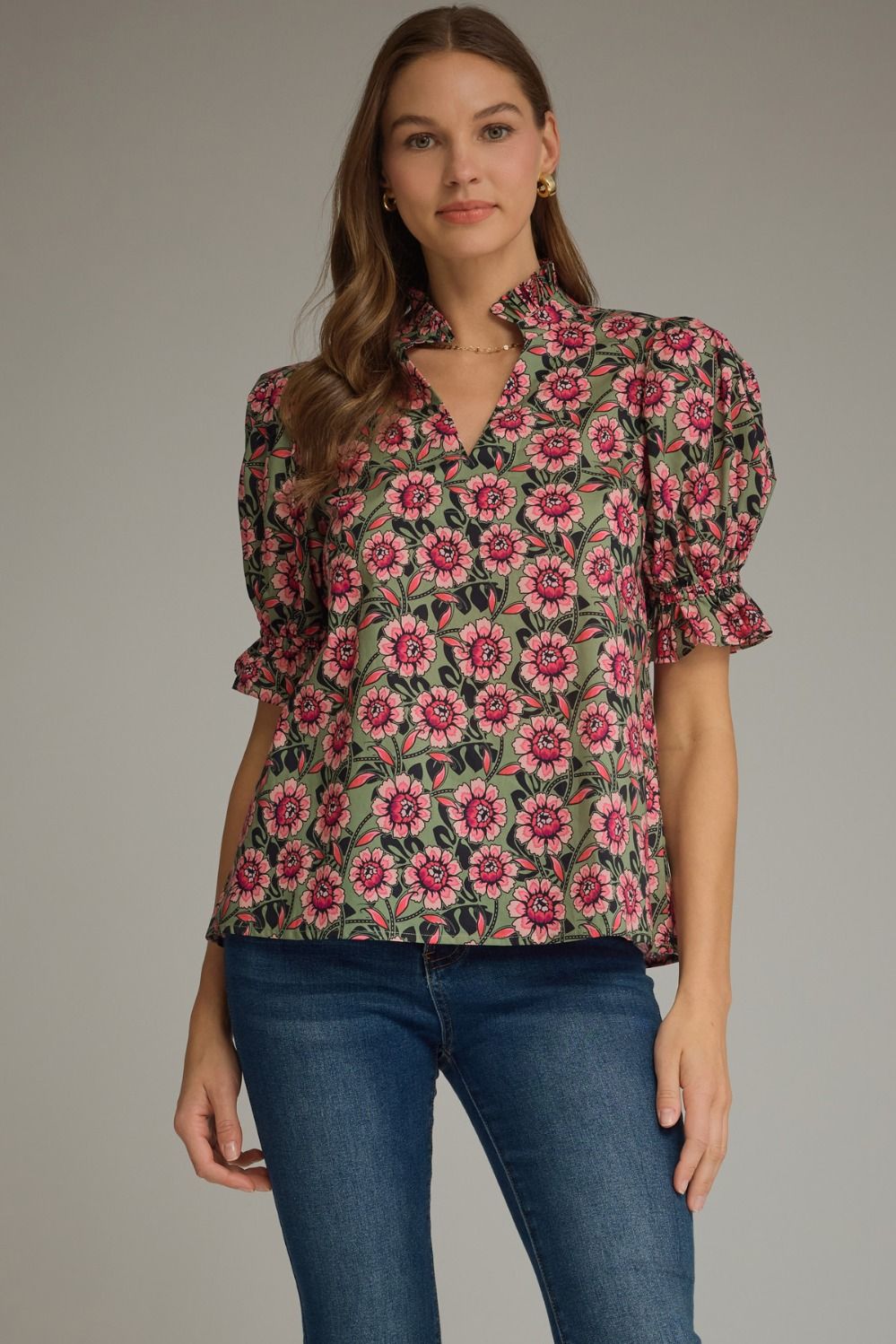 ENTRO Floral Puff Sleeve Top In Pink Olive *COMING SOON*