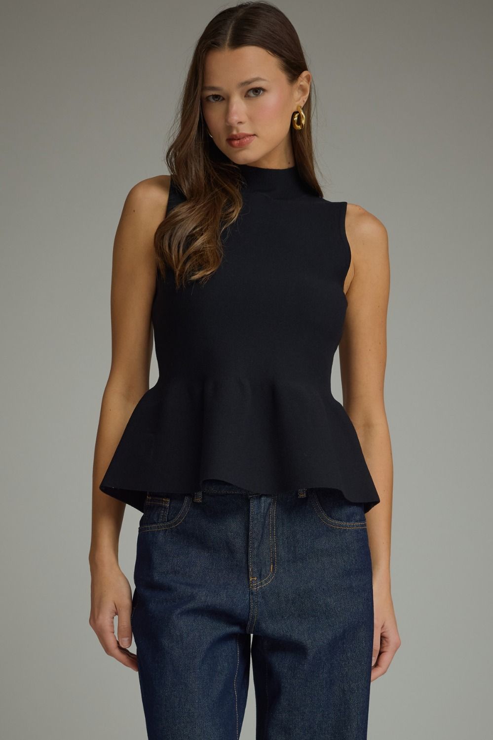 ENTRO Solid Mock Neck Peplum Top In Black *COMING SOON*