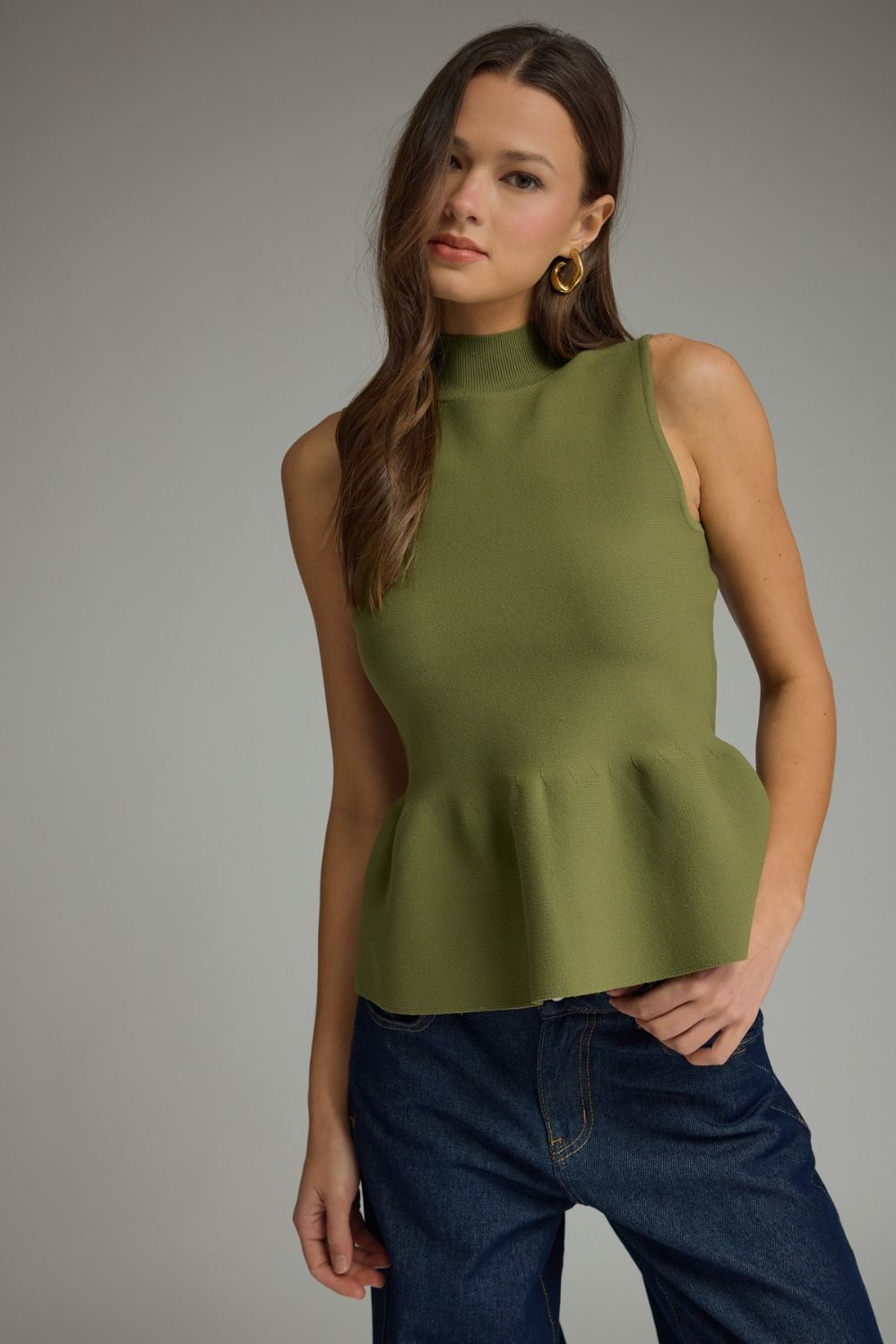 ENTRO Solid Mock Neck Peplum Top In Olive *COMING SOON*
