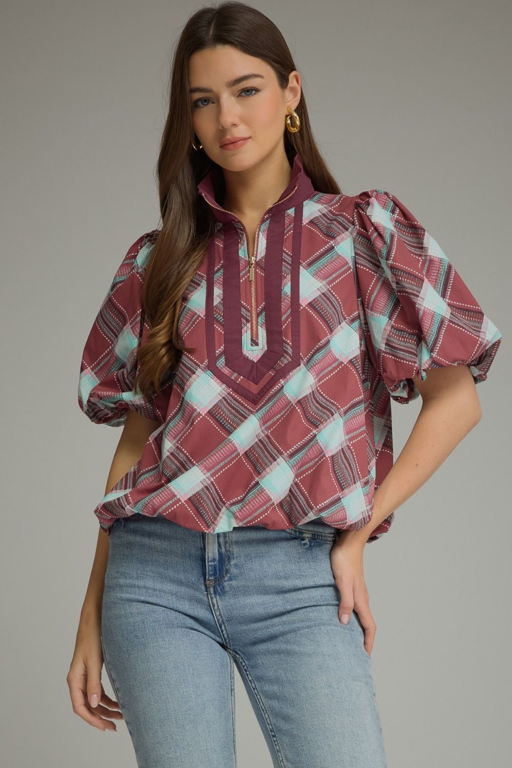 ENTRO Plaid Short Puff Sleeve Top With Contrast Trim In Merlot *COMING SOON*