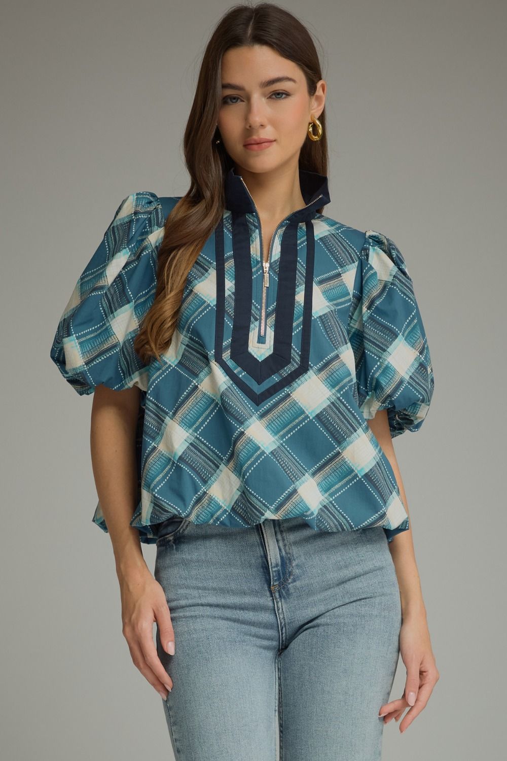 ENTRO Plaid Short Puff Sleeve Top With Contrast Trim In Navy *COMING SOON*