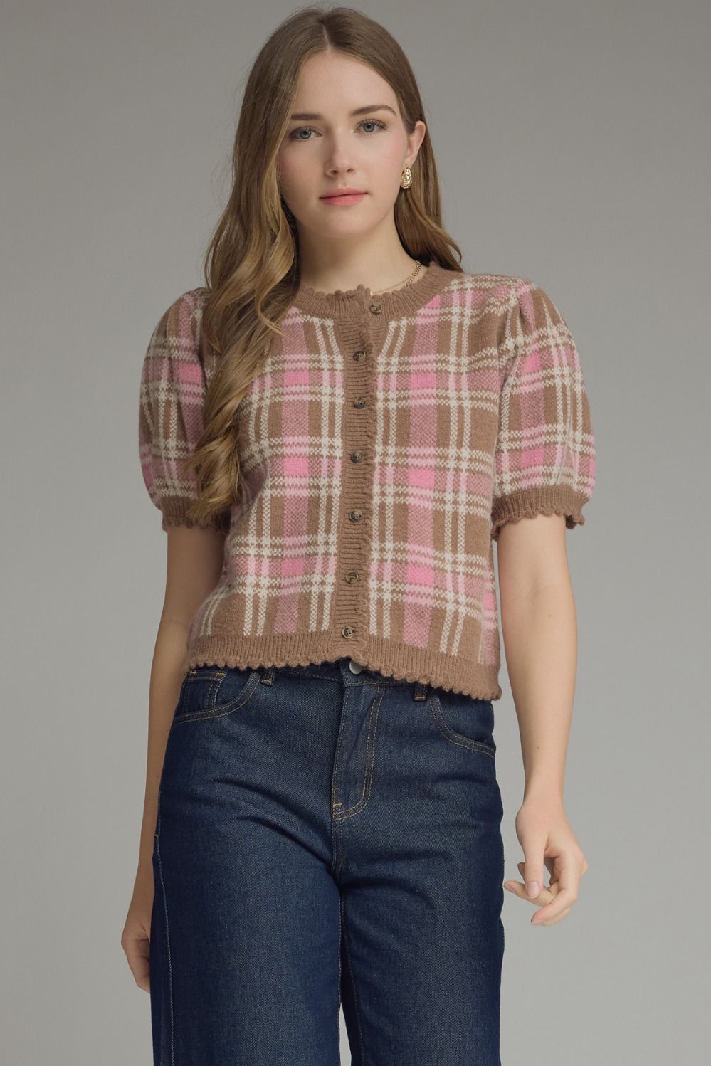ENTRO Plaid Round Neck Puff Sleeve Button Up In Camel *COMING SOON*
