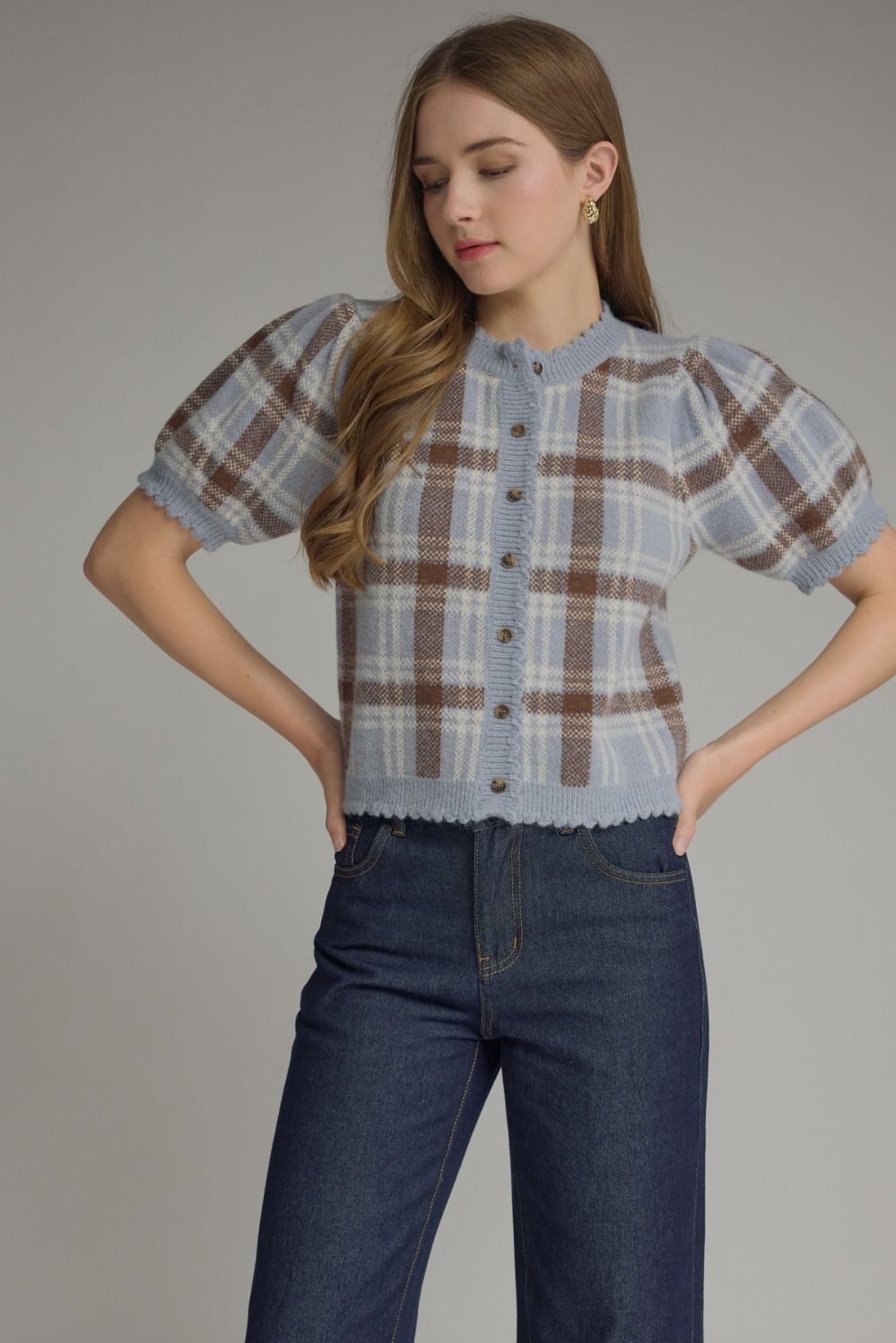 ENTRO Plaid Round Neck Puff Sleeve Button Up In Dusty Blue