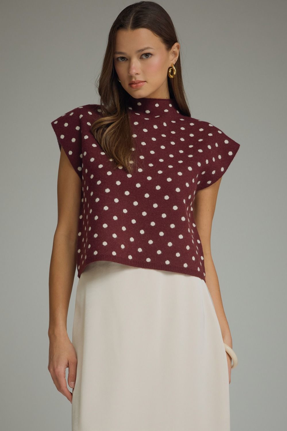 ENTRO Polka Dot Mock Neck Top In Burgundy *COMING SOON*