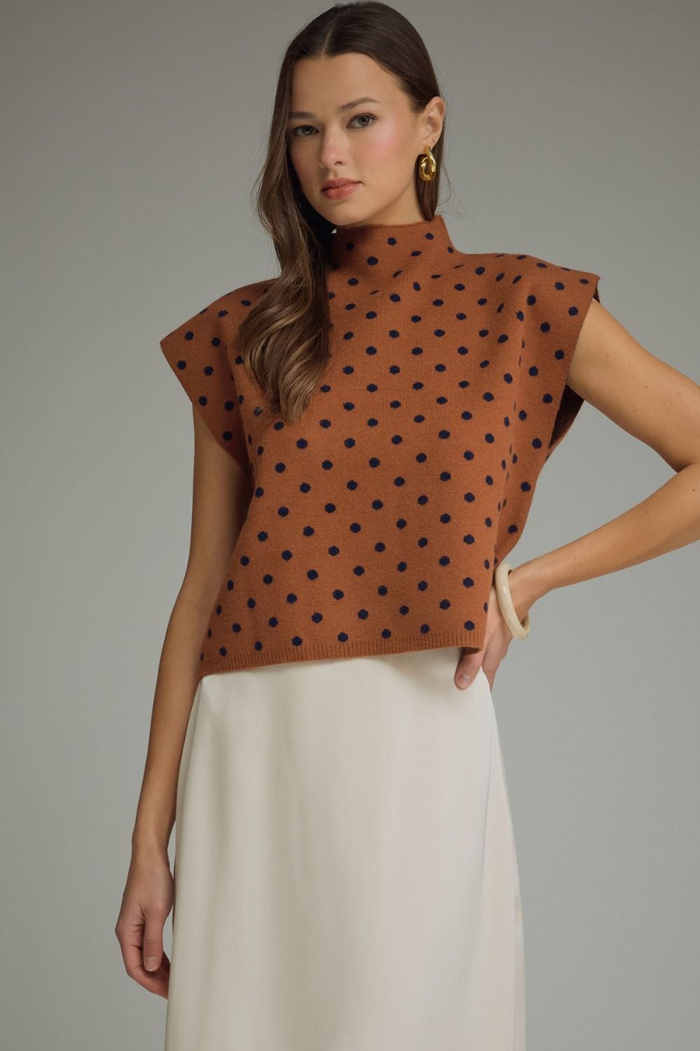 ENTRO Polka Dot Mock Neck Top In Camel *COMING SOON*